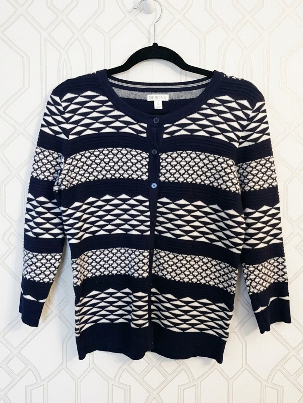 Merona Navy Blue & White Geometric Button-Up Cardigan Sweater 100% Cotton.